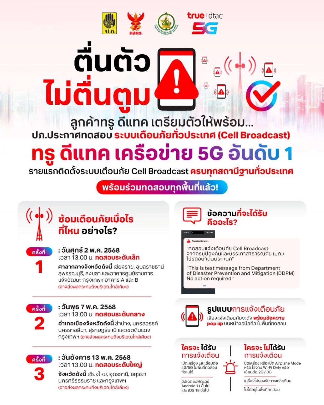 ตื่นตัว ไม่ตื่นตูม !! ลูกค้าทรู ดีแทค เตรียมตัวให้พร้อม… ปภ. ประกาศทดสอบระบบเตือนภัยทั่วประเทศ (Cell Broadcast)
