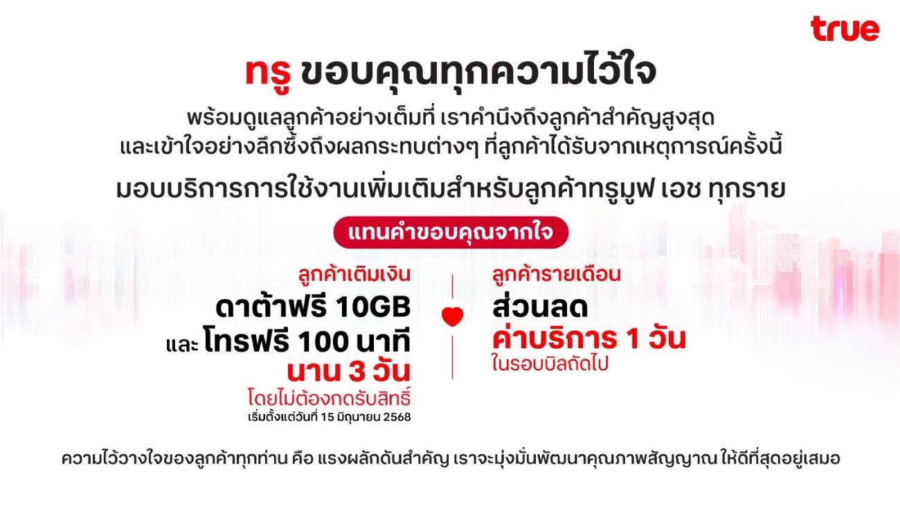 ทรู ขอขอบคุณทุกความไว้ใจ พร้อมดูแลลูกค้าอย่างเต็มที่ มอบดาต้า 10 GB และโทรฟรี 100 นาที นาน 3 วันสำหรับลูกค้าเติมเงิน และส่วนลดค่าบริการ 1 วันสำหรับลูกค้ารายเดือน