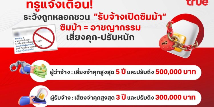 ทรูแจ้งเตือน! ระวังถูกหลอกชวน “รับจ้างเปิดซิมม้า” ซิมม้า = อาชญากรรม เสี่ยงคุก-ปรับหนัก