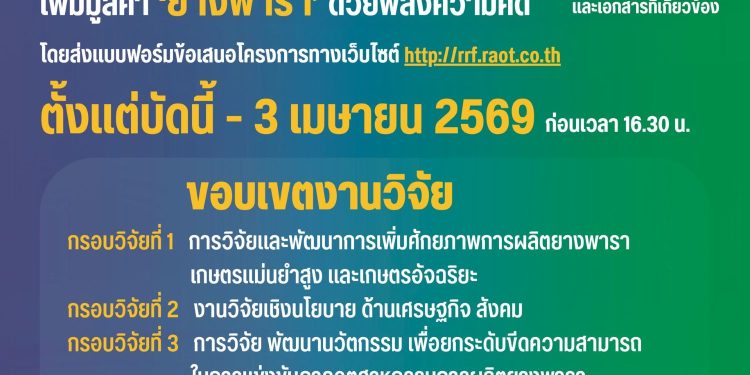 กยท. ชวนนักวิจัยทั่วประเทศ! ส่งข้อเสนอโครงการวิจัย ปีงบฯ 70 ชิงทุนวิจัยฯ กยท.